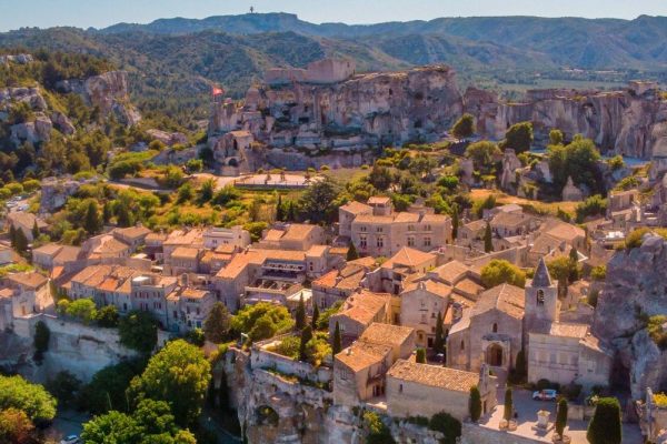 Les Baux de Provence village on the rock formation and its castle. France, Europe. Drone view
